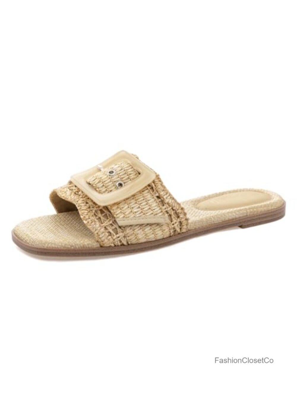 Women's Raffia Flat Slide Sandals Square Open Toe Woven Buckle Beach Sandals